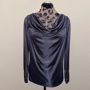 Calvin Klein Drape Cowl Gunmetal Silky Gray Long Sleeve Blouse Dress Shirt M